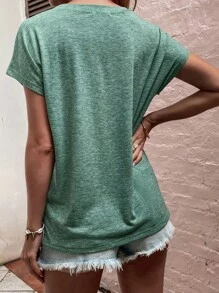 EMERY ROSE Vacation Casual Minimalist Solid Color Round Neck Short Sleeve T-Shirt - Green - View 2