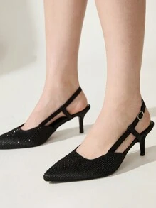 CUCCOO CHICEST 女士镶钻尖头细高跟中跟优雅浅口鞋，缎面高跟鞋，适合派对、约会、正式场合，黑色春假复活节舞会高跟鞋