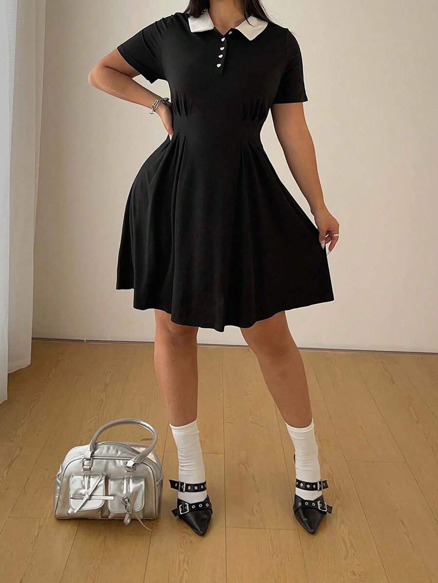 Flirla Plus Size Casual Colorblock Collar Short Sleeve Dress - Black and White - View 1