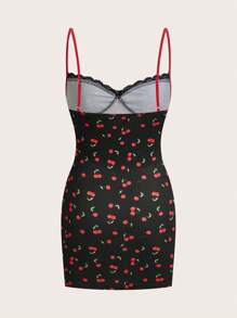 Sweetina Lace Patchwork Cherry Pattern Spaghetti Strap Cami Bodycon Mini Dress, Vacation Outfits Women - Black - View 6
