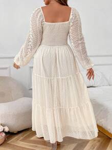 SHEIN PETITE Plus Size Women's Elegant Layered Ruffled Shoulder Short Sleeve Floral Embroidery Chiffon Dress, Suitable For Casual Gathering, Wedding, Spring/Summer