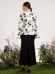 Modelyn Women Watercolor Floral Pattern Ruffle Sleeve Top And Satin Mermaid Skirt Elegant Romantic 2 Pieces Set - Black and White - View 2
