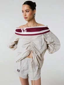 TypaGal Number Striped Print Panelling Drawstring Ruched Detail Off Shoulder Long Sleeve Nylon Shirt Top