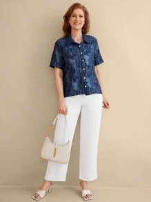 EMERY ROSE Women Casual Solid Color Cut-Out Short Sleeve Shirt - Blue - View 5