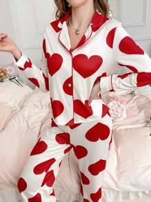 Valentine's Day Heart Print Sweet & Cute Lapel Women's Red Pajama Set - Multicolor - View 6