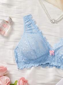 Plus Size Lace Bow Decor Wireless Bra Lingerie - Blue - View 4