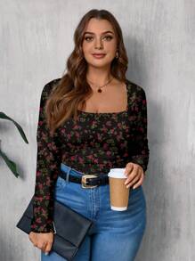SHEIN LUNE Camiseta suelta de cuello redondo con estampado de rosa de talla grande para mujer, estilo minimalista