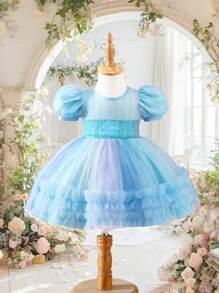 Vestido de niña con mangas abullonadas, estampado de burbujas de malla lujosa, perfecto para ocasiones formales, fiestas de cumpleaños, primavera/verano - Azul - Ver 1