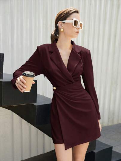 BizChic Vestido de abrigo con solapa para mujer en otoño, vestido de negocios básico casual urbano de moda minimalista, vestimenta elegante para oficina y dama Formal
