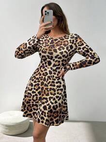 EURMUSE LEOPARD BOW DETAILED SHORT DRESS SIMPLE FASHION DAILY CASUAL - Multicolor - View 5