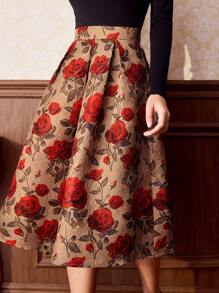 Vintamour 复古优雅女式提花印花宽松喇叭裙，红色情人节情人服装夏季女士服装 - 紅色 - 查看 7