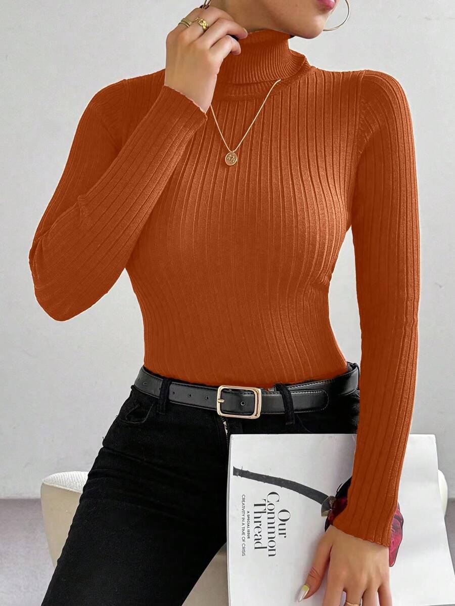 Chiquease Women Plain Long Sleeve Basic Minimalist Turtleneck Sweater Knit Pullover Fall Winter - Coffee Brown - View 1