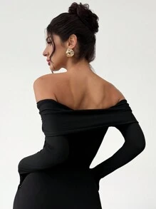 Firerie 女士优雅简约精致浪漫露肩金属玫瑰花朵紧身衣，紧身长袖黑色紧身衣，适合约会、日常通勤、度假 - 黑色 - 查看 6