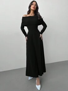 Firerie 女士纯色露肩长袖长裙，简约时尚休闲日常穿着 - 黑色 - 查看 3