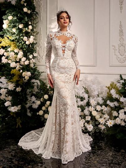 Glamrae Đầm dạ hội dài tay dáng đuôi cá sang trọng, thanh lịch với ren co giãn thêu họa tiết, kèm nơ rời, đuôi váy maxi hở lưng, thích hợp cho đám cưới, tiệc tùng, kỳ nghỉ, cô dâu, ngày Valentine.