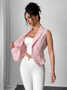 Elenzga French Elegant Shawl Neck Textured Sleeveless Tailored Fitted Jacket For Women - Pink - View 7