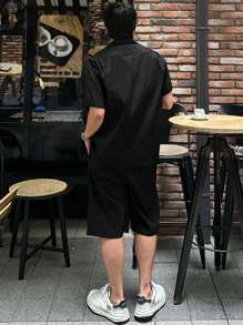 DAZY Men's Asymmetrical Design Textured Fabric Shirt Set, Summer - Black - View 2