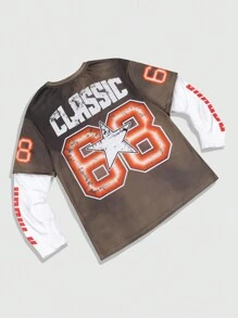 ROMWE MEN Prep 男式字母印花长袖二合一足球球衣款式 T 恤 - 彩色 - 查看 2