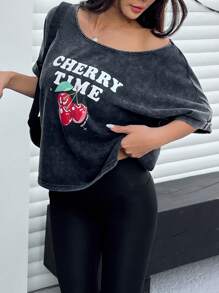 SHEIN EZwear T-shirts femme à lavage nostalgique avec cerises d'été - Noir - Voir 1