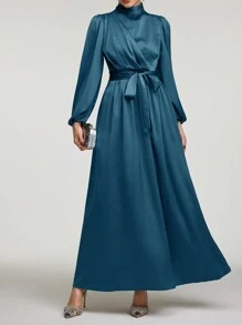 Veilorie 女士纯色立领灯笼袖优雅阿拉伯朴素长袖连衣裙长款晚礼服 - 水鴨藍 - 查看 6