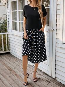 EMERY ROSE 2pcs Women Casual Minimalist Daily Short Sleeve Top & Skirt Set