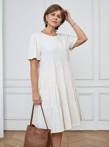 SHEIN LUNE Gaun Pendek Wanita Warna Polos dengan Leher Bulat dan Hem Berumbai - Aprikot - View 4