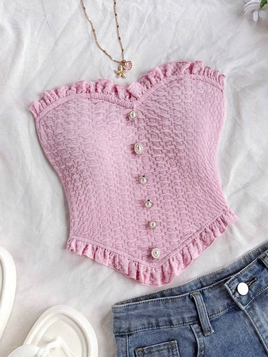 Soleia 性感休闲度假荷叶边金属扣合身衬衫 - 粉色 - 查看 1