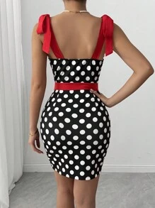 Rafferiza Đầm công sở trễ vai chấm bi buộc eo thanh lịch cho nữ - Nhiều màu - Xem 2