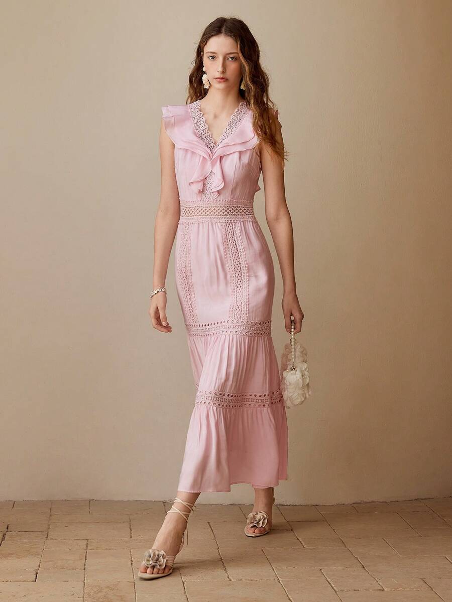 MOTF PREMIUM CONTRAST LACE RUFFLE TRIM DRESS