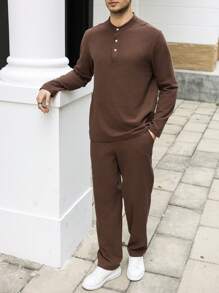 Manfinity Homme 男士纯色纽扣长袖衬衫和抽绳腰休闲裤套装，秋季