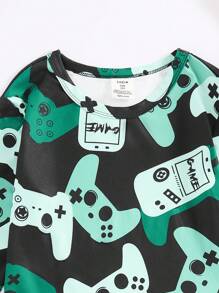 SHEIN Tween Boy Snug Fit Cartoon Game Controller Graphic Crew Neck Long Sleeve Tee & Long Pants Leisure Comfortable Pajama Set - Green - View 4