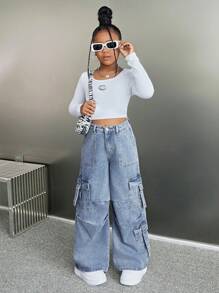 SHEIN Tween Girl's Y2K Loose Casual Denim Jeans With Pockets, Pleats, And Wide-Legged Design,Girls Casual Button,Pocket,Zipper Drop Waist Wide Leg Long Blue Loose Girls Jeans,Fall/Winter,Casual Daily Wear - Light Wash - View 5