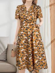 EMERY ROSE Elegant Casual V-Neck Tie Waist Short Sleeve Mid-Length Dress For Women