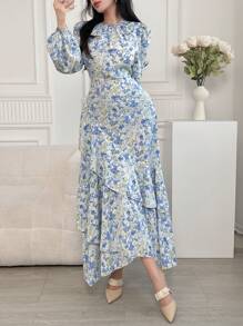 Feyla 女士优雅浪漫油画印花灯笼袖连衣裙春季、情人节波西米亚风太阳裙演唱会服装女装