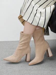 CUCCOO BIZCHIC Women Plus Size Chunky Heel Pointed Toe Suede Knit Ankle Boots, Apricot Color, Suitable For Commute, Date, Party And Gathering New Year Holiday - Apricot - View 5