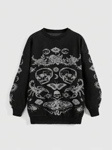 ROMWE Goth 大码女式哥特式花卉骷髅图案提花针织圆领套头衫 - 黑色 - 查看 1