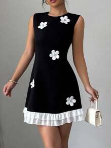 Rafferiza Vestido corto de tirantes negro y blanco ajustado, casual y versátil, con decoración floral y bajo con volantes para mujeres
