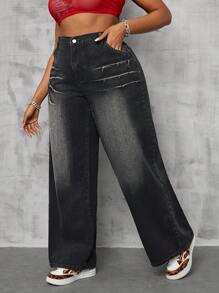 SHEIN SXY 大码休闲牛仔裤，时尚，适合日常穿着 - 灰色 - 查看 5