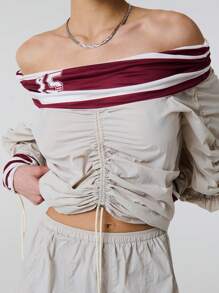 TypaGal Number Striped Print Panelling Drawstring Ruched Detail Off Shoulder Long Sleeve Nylon Shirt Top