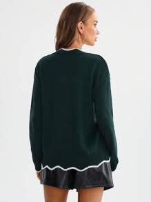 SHEIN LUNE 女士休闲 V 领撞色边饰长袖毛衣、长袖上衣 - 軍綠色 - 查看 3