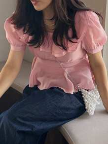 DAZY 方领修身短款女式衬衫，荷叶边，娃娃衫，度假风