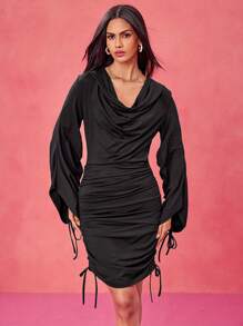 Tristan Blake Abito mini con cappuccio, motivo a cordoncino, maniche a zampa, scollo a cappuccio e drappeggio, di design, adatto per festival, concerti, balli di fine anno