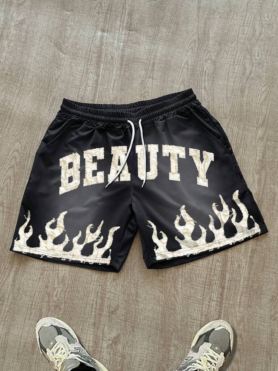 Manfinity EMRG 男士字母和火焰印花抽绳腰短裤，适合健身图案男士短裤