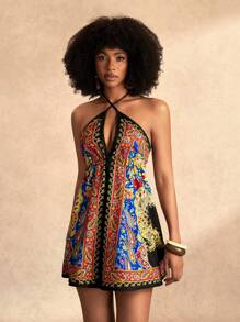 Zivah 新款休闲假日春夏交叉挂脖深 V 领 A 形摆大露背图案印花女式迷你连衣裙 - 彩色 - 查看 6