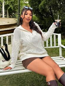 SHEIN EZwear Plus Size White Zip-Up Knitted Top, Spring - White - View 6