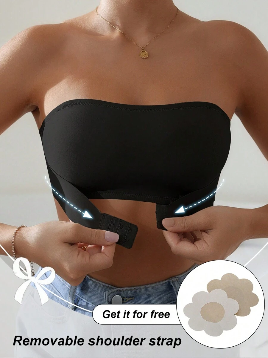 Women Strapless And Underwire-Free Convertible Bandeau Bra Set With Front Closure, Pushup And Includes Invisible Shoulder Straps & Nipple Covers, 3pcs/Set