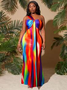 SHEIN SXY Vestido de talla grande para mujer con un hombro asimétrico, tubo superior con volantes de sirena, adecuado para uso diario, vacaciones en la playa, citas, fiestas de soltera, luce lindo, casual, para ir de compras, ropa de calle, salidas, fácil de combinar y estiliza la figura, resalta el Body