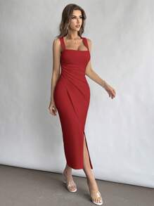 Firerie 女士方领褶皱腰开衩连衣裙，优雅适合度假、日常穿着和婚礼季节 - 紅色 - 查看 5