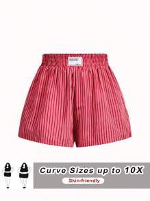 SHEIN CURVE+ 大码女士休闲宽松高腰字母条纹松紧腰短裤夏季 - 紅色 - 查看 5