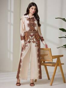 Seusyu Set de 2 piezas de camisa de manga larga y pantalones casuales minimalistas para mujer, atuendo de uso diario